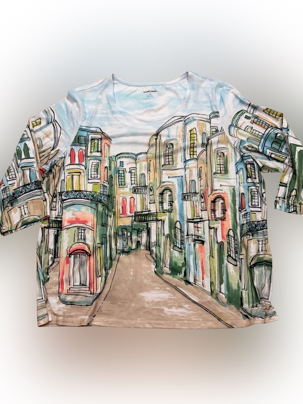 NWT Watercolor Paris Cityscape 3/4 Sleeve Embellished crystals PLUS 1X